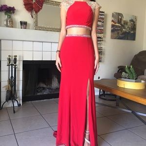 Red two-piece prom dress with see through back